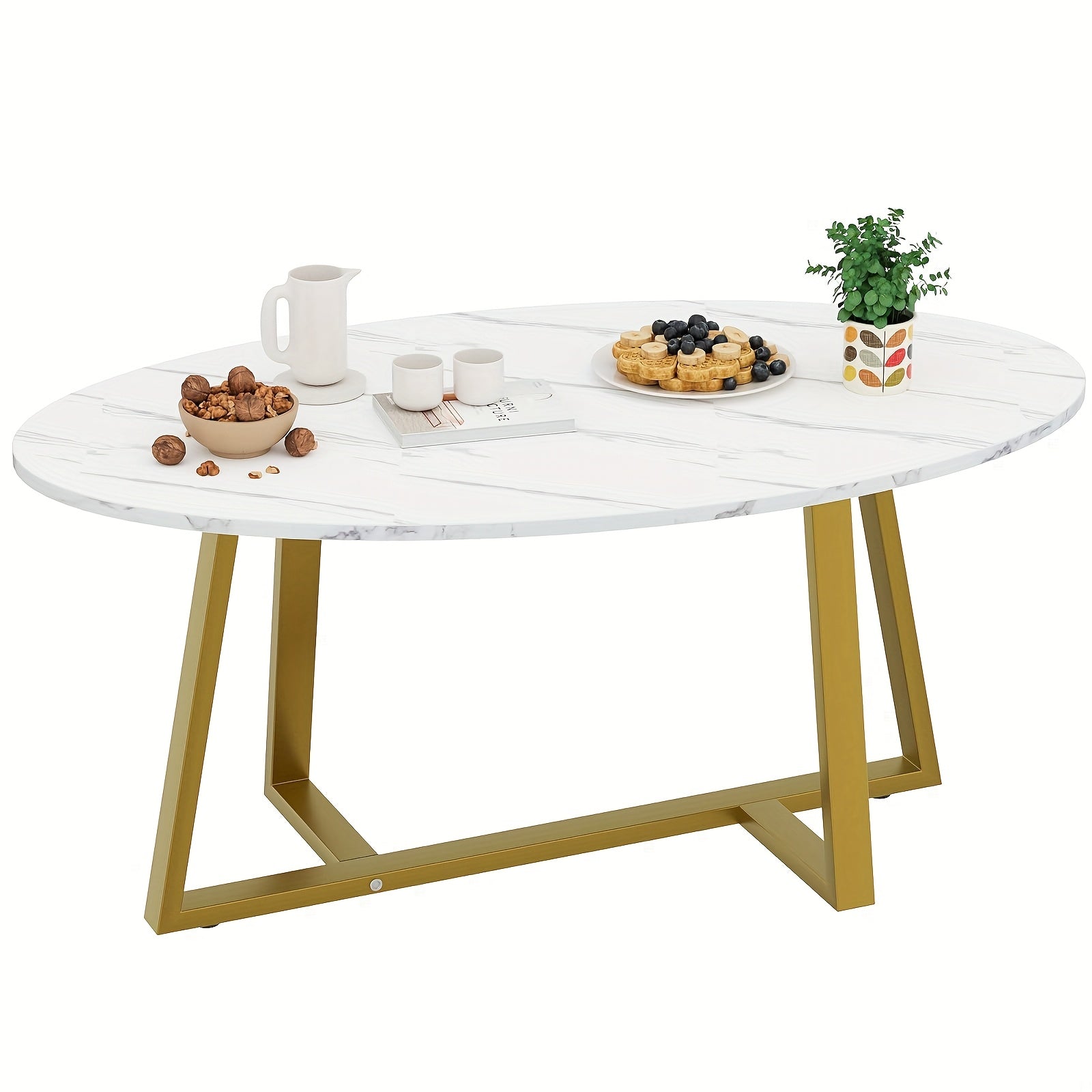 White Faux Marble Table Oval Coffee Table, White Faux Marble Living Room Table, Modern Small Space Center Coffee Table With Sturdy Metal Legs, Metal Frame, Easy To Assemble, Versatile Home Or Office Furniture For Living Room