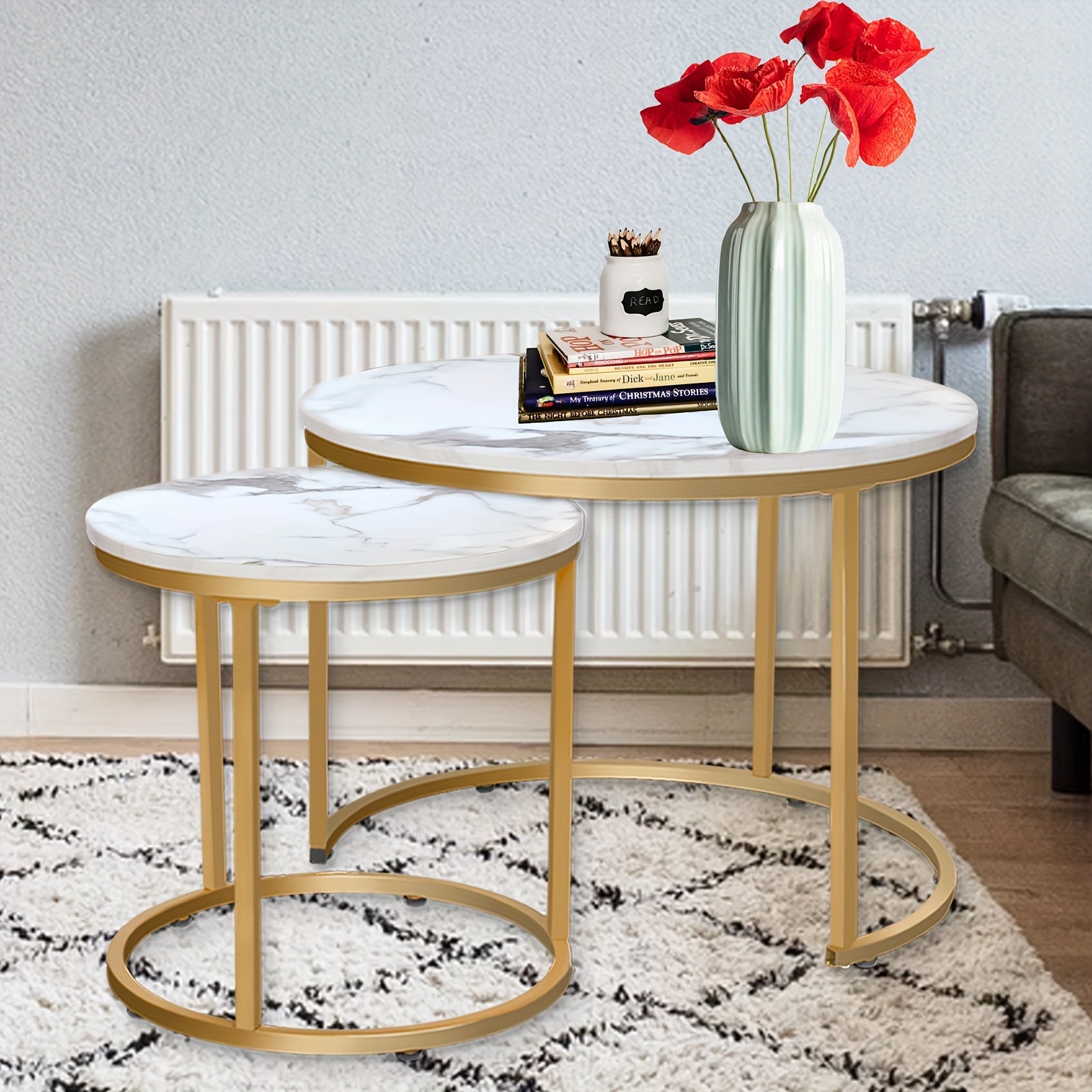 Set of Two Circular Nesting Tables Featuring a White Faux Marble Top And a Golden Frame, Perfect for Modern Living Rooms Or Bedrooms with an Industrial Touch
