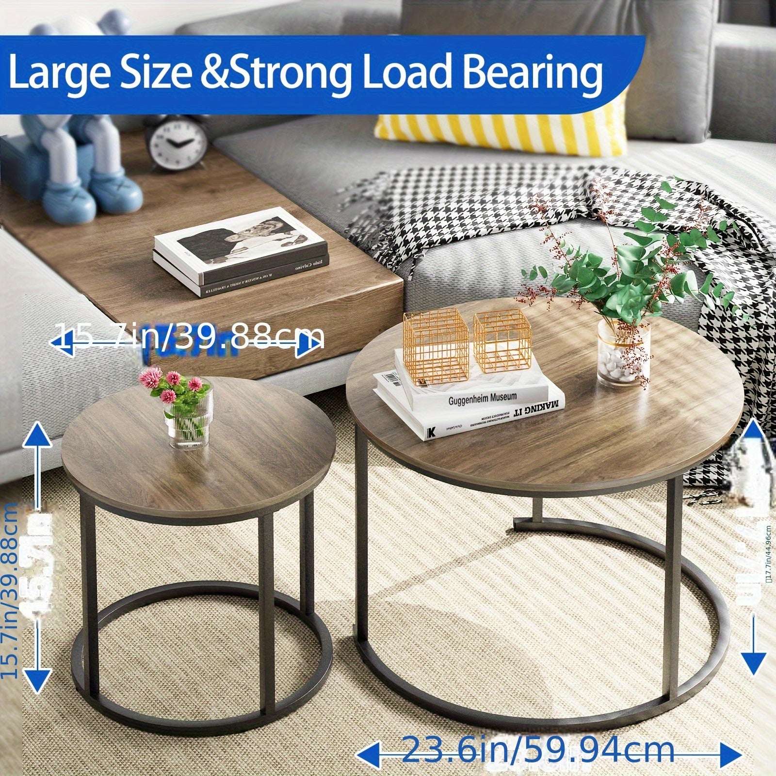 Set of Two Circular Nesting Tables Featuring a White Faux Marble Top And a Golden Frame, Perfect for Modern Living Rooms Or Bedrooms with an Industrial Touch