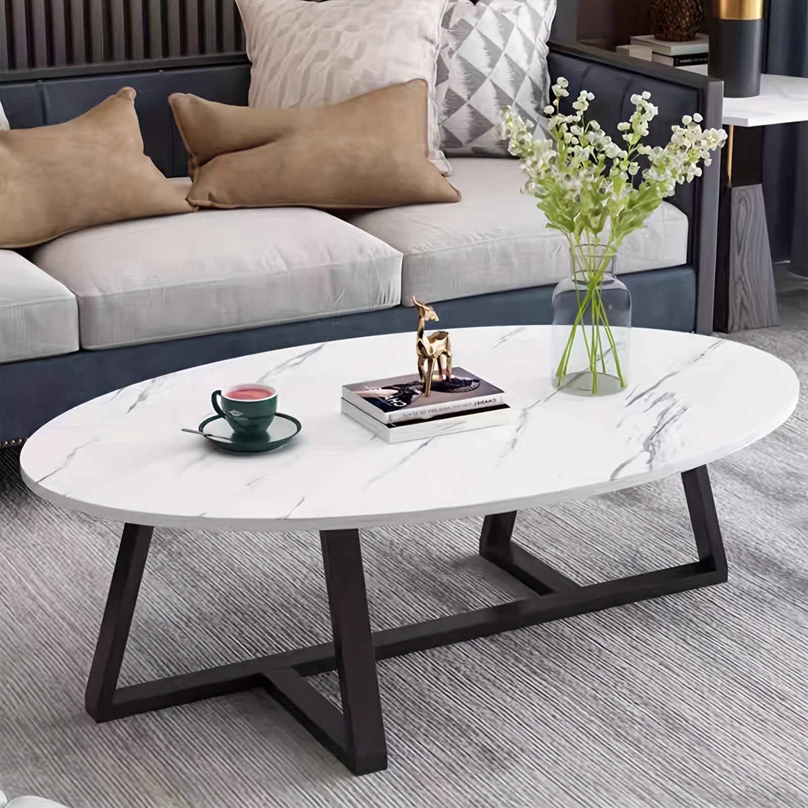 White Faux Marble Table Oval Coffee Table, White Faux Marble Living Room Table, Modern Small Space Center Coffee Table With Sturdy Metal Legs, Metal Frame, Easy To Assemble, Versatile Home Or Office Furniture For Living Room