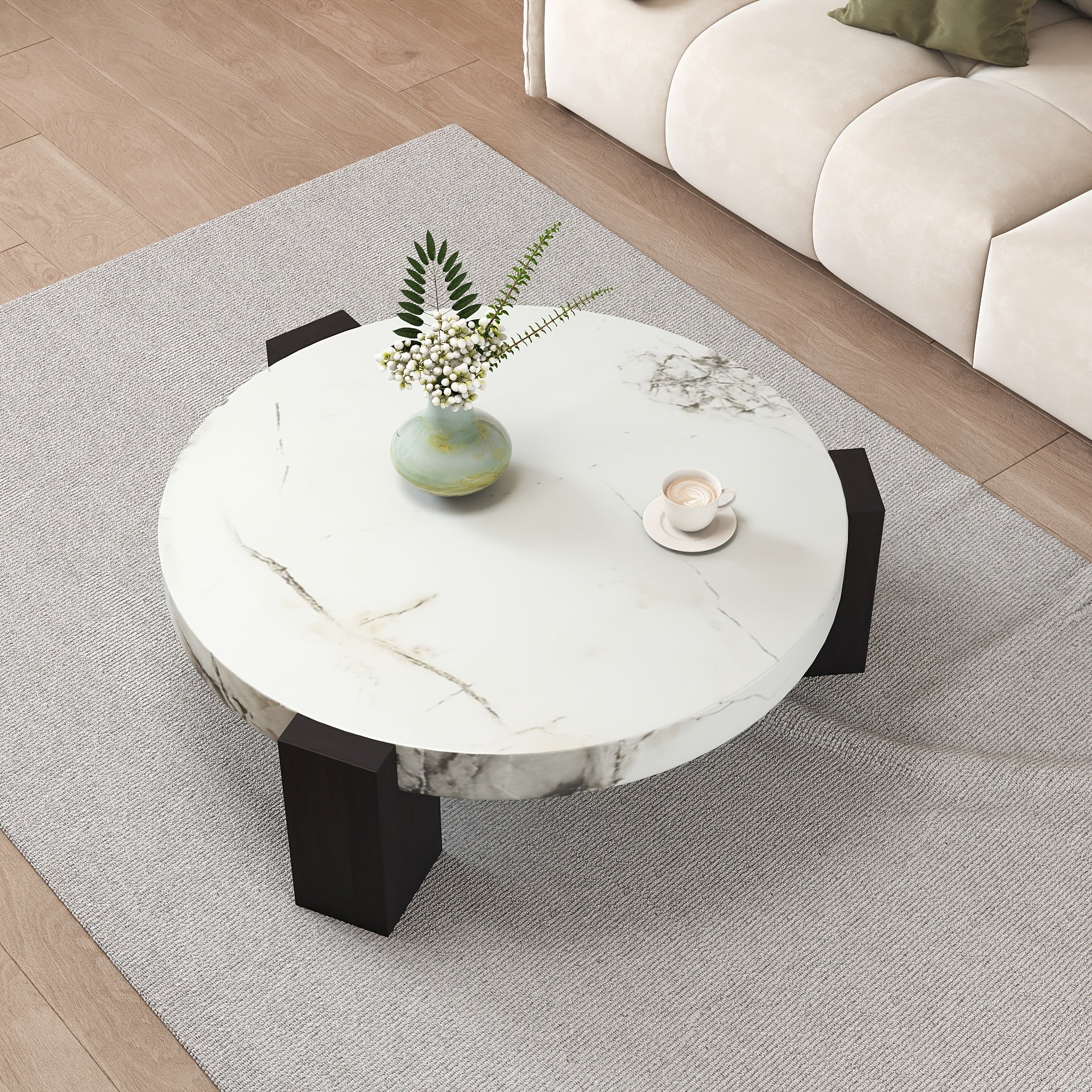 Contemporary Round Nesting Coffee Table Collection (Set of 2) - Distinctive Design - Circular Coffee Table for Living Spaces - Marble-Like Textured Top - C-Shaped Edge Table - Ideal for Living Rooms, Flats, And Bedrooms - Nesting Tables